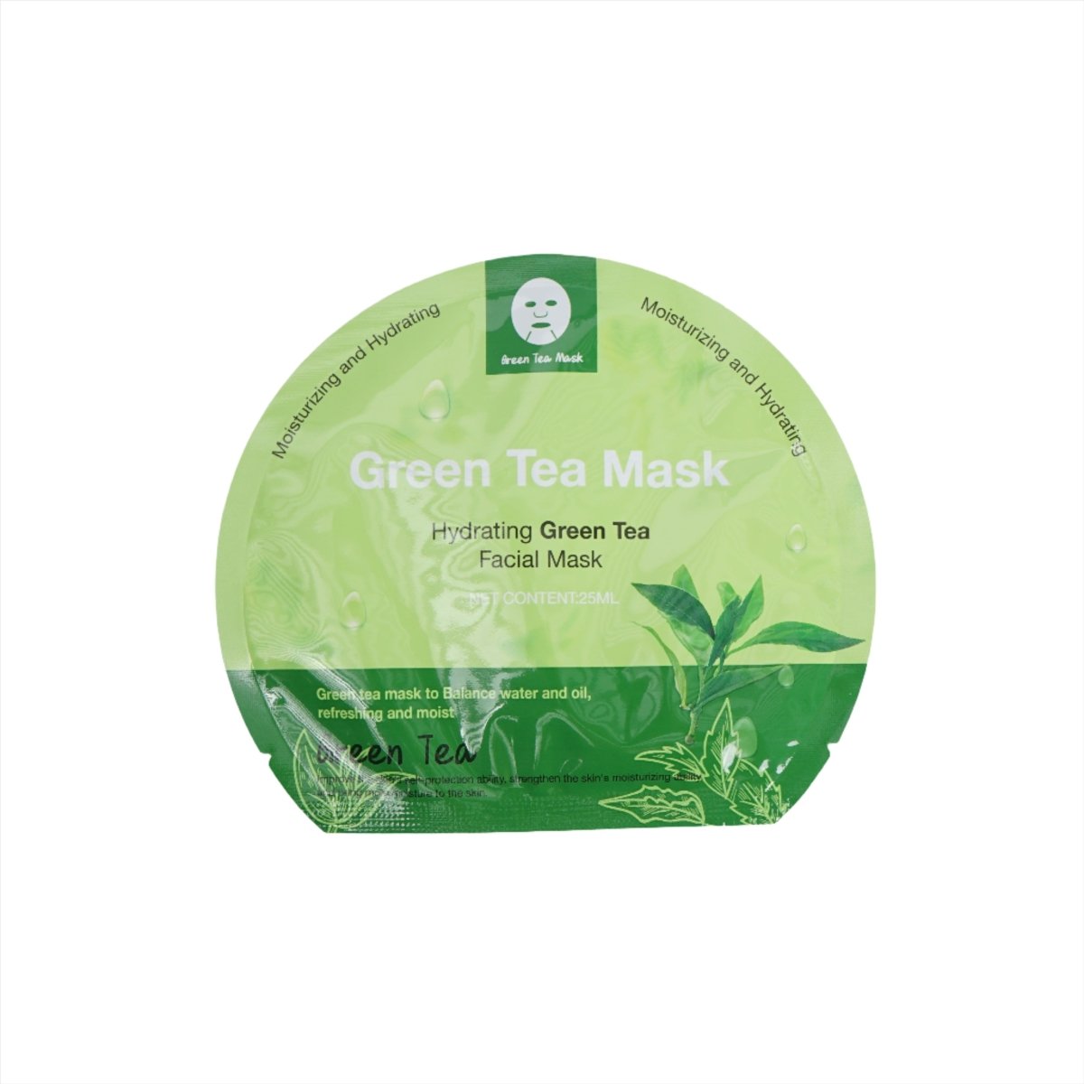 Green tea hydrating facial mask container, green label with leaf graphic