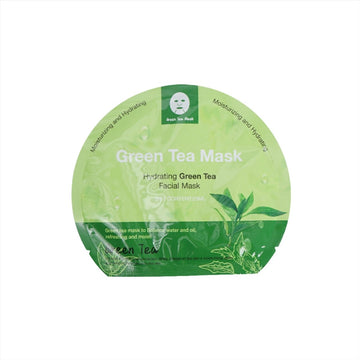 Green tea hydrating facial mask container, green label with leaf graphic