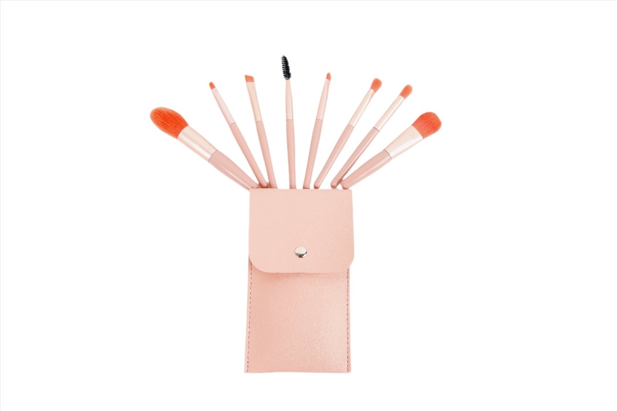 Pink makeup brush set in a standing pouch, 8 brushes fanned out
