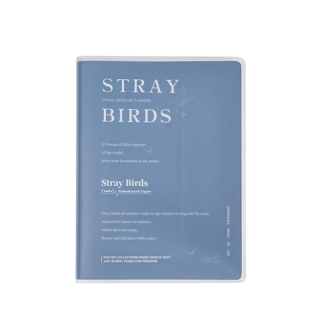 A6 matte rubber cover notebook, blue "Stray Birds" front cover design.