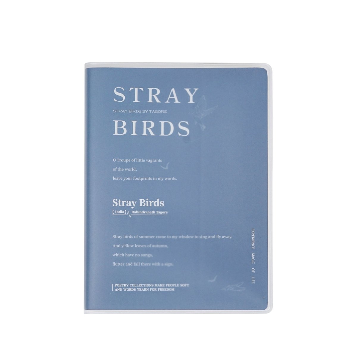A6 matte rubber cover notebook, blue "Stray Birds" front cover design.