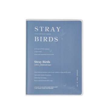 A6 matte rubber cover notebook, blue "Stray Birds" front cover design.