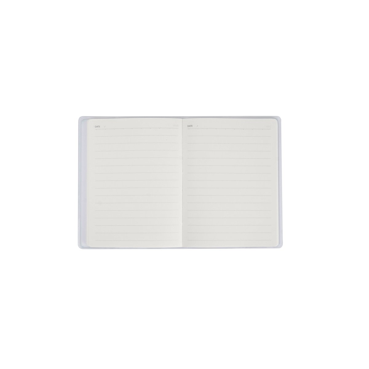 A6 matte rubber cover notebook opened flat to blank lined pages.