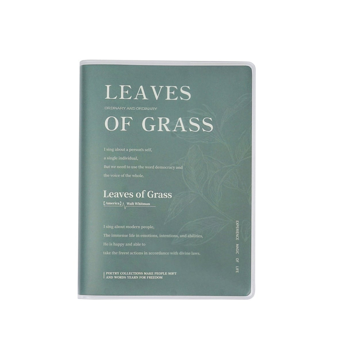 A6 matte rubber cover notebook, green "Leaves of Grass" front cover design.
