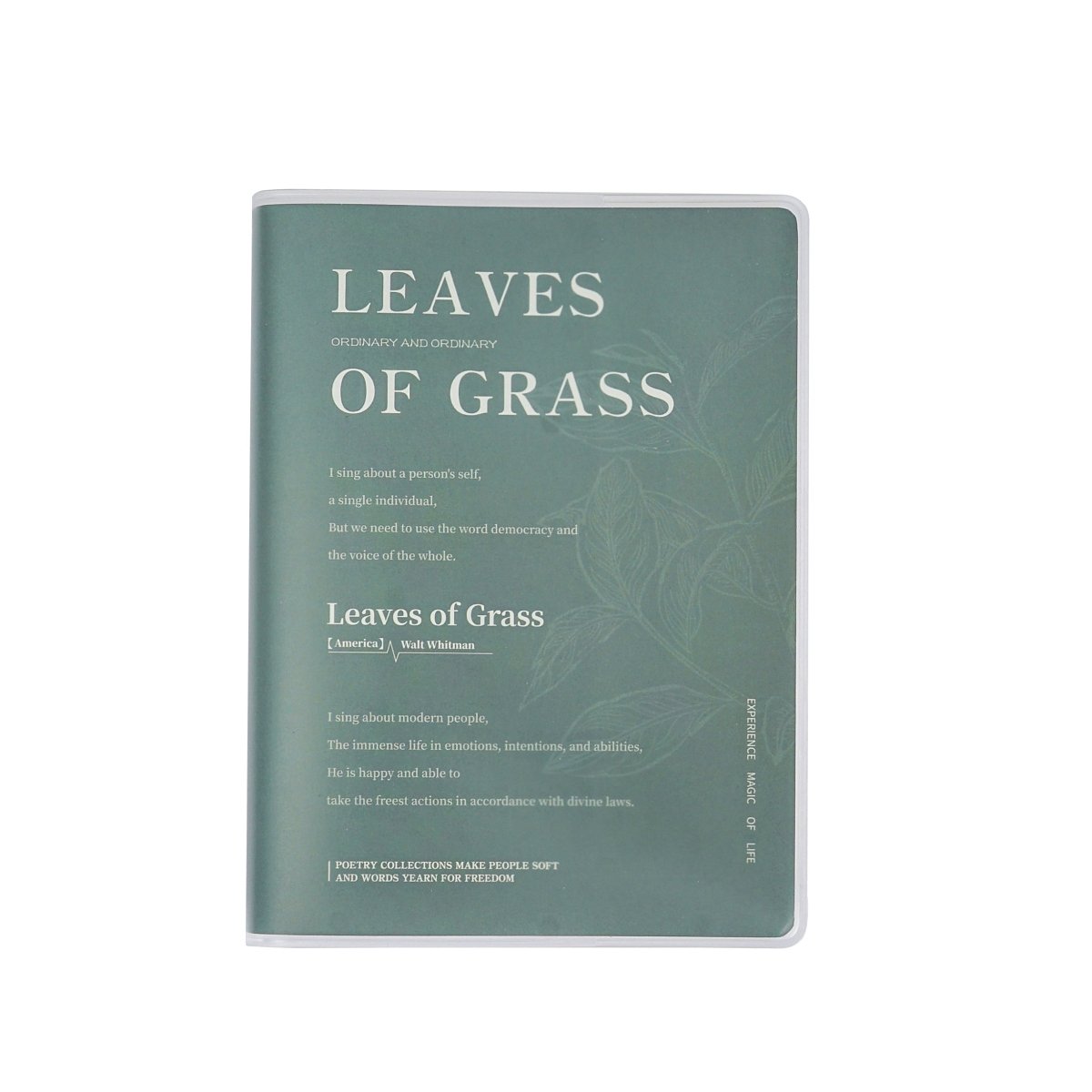 A6 matte rubber cover notebook, green "Leaves of Grass" front cover design.