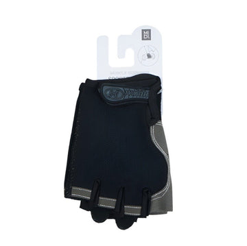Sport gloves in dark fabric with gray accents, five-finger design.