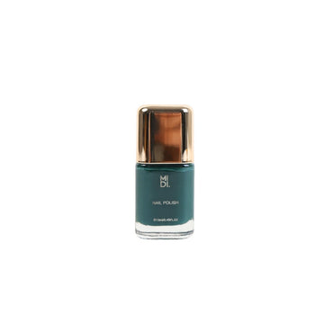 Nail polish bottle in dark green with gold cap, labeled "MI DI"