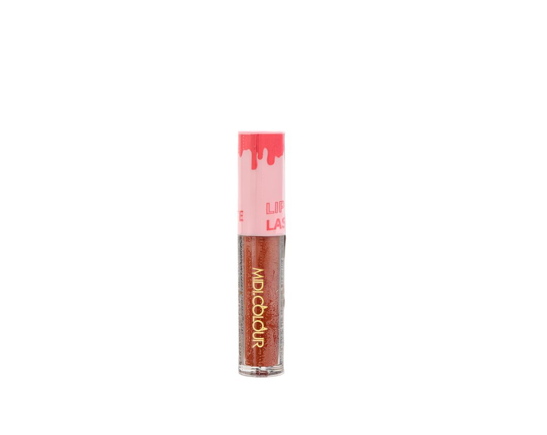Lip lacquer tube in glossy rose-pink with applicator wand cap
