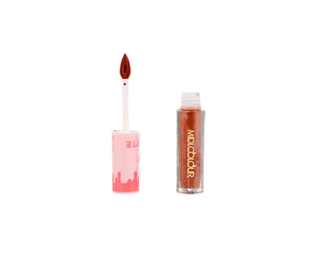 Lip lacquer applicator wand with doe tip and small bottle, warm red-brown