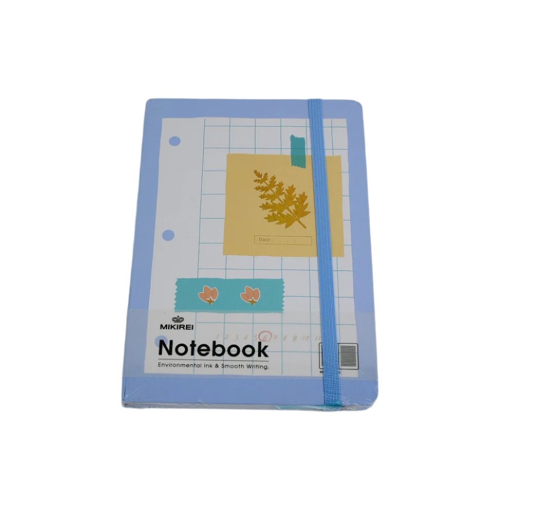 Blue A5 soft-cover notebook with leaf and grid pattern cover and elastic strap.