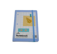 Blue A5 soft-cover notebook with leaf and grid pattern cover and elastic strap.