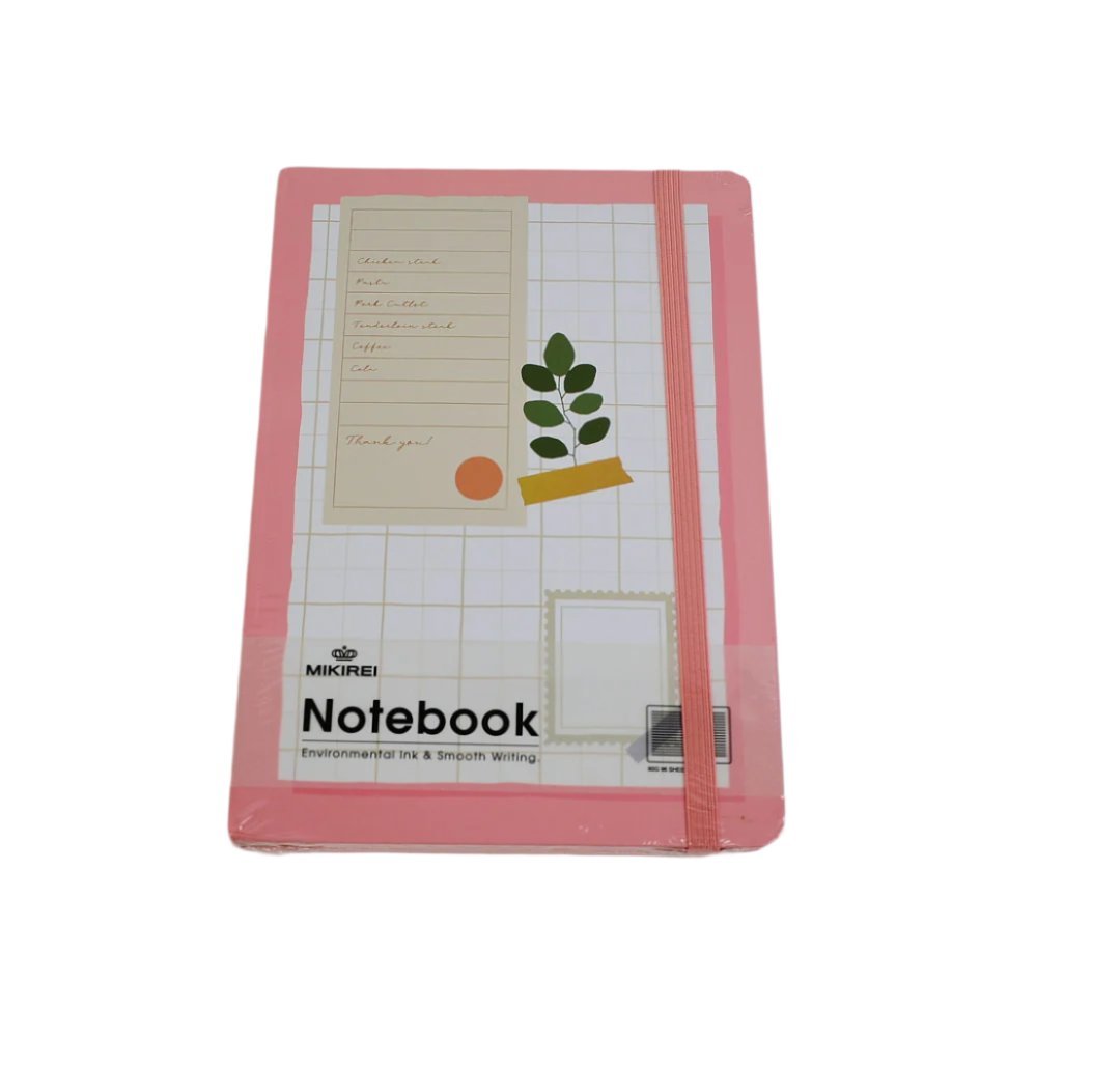 Pink A5 soft-cover notebook with mixed sticker-style designs and elastic strap.