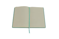 Open teal A5 soft-cover notebook showing blank lined pages.