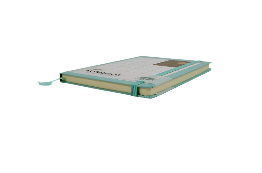 A5 soft-cover notebook, teal cover with layered spine and elastic strap.