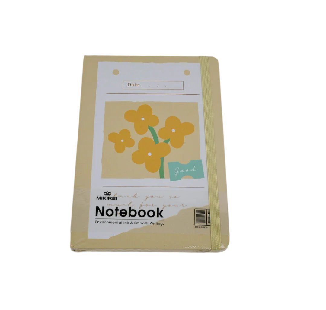 Beige A5 soft-cover notebook with floral shapes and elastic strap.