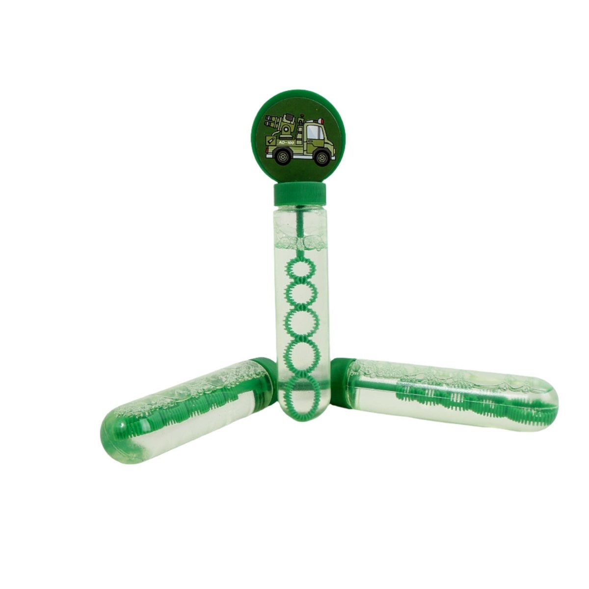 Tractor bubble wand trio with green caps and clear bubble tubes