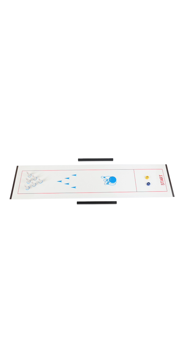 Mini bowling game set tabletop play lane with blue ball and pin targets