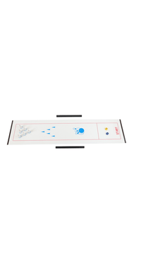 Mini bowling game set tabletop play lane with blue ball and pin targets