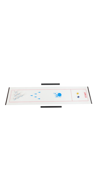 Mini bowling game set tabletop play lane with blue ball and pin targets