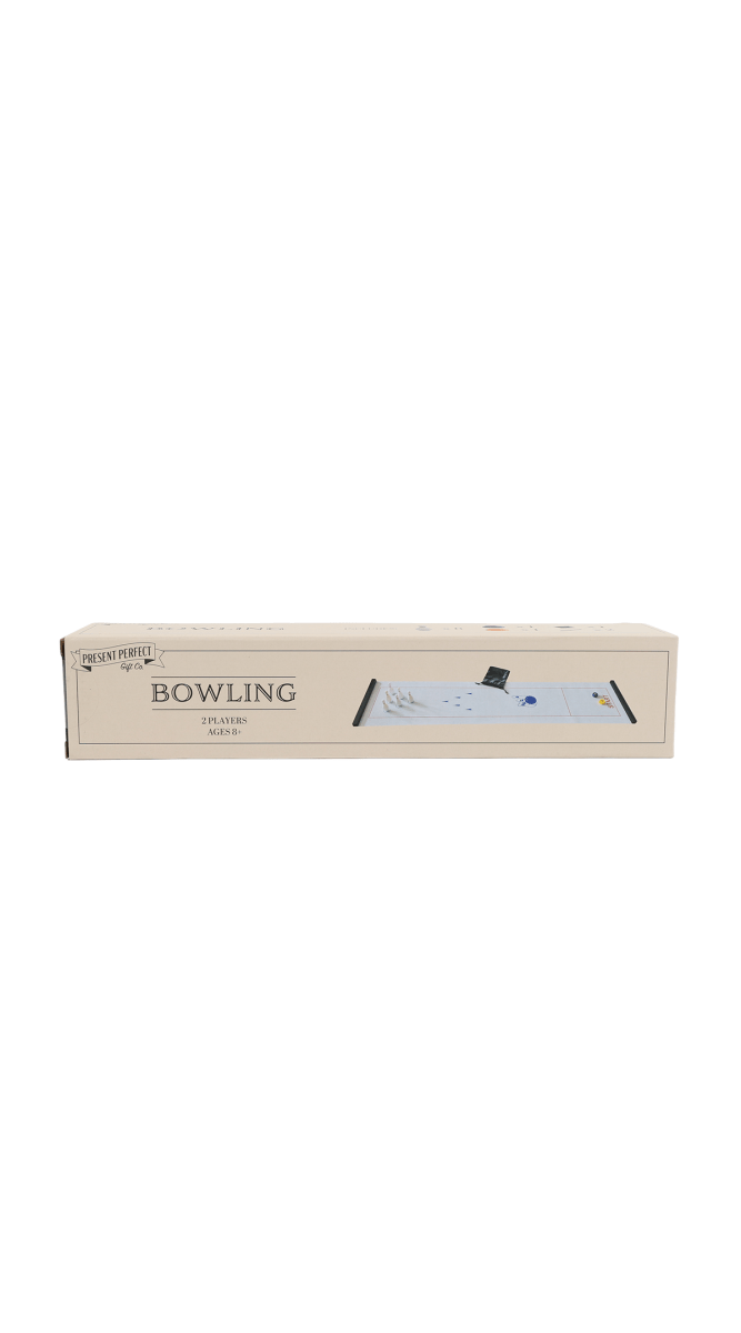 Mini bowling game set retail box with window showing game lane and ball
