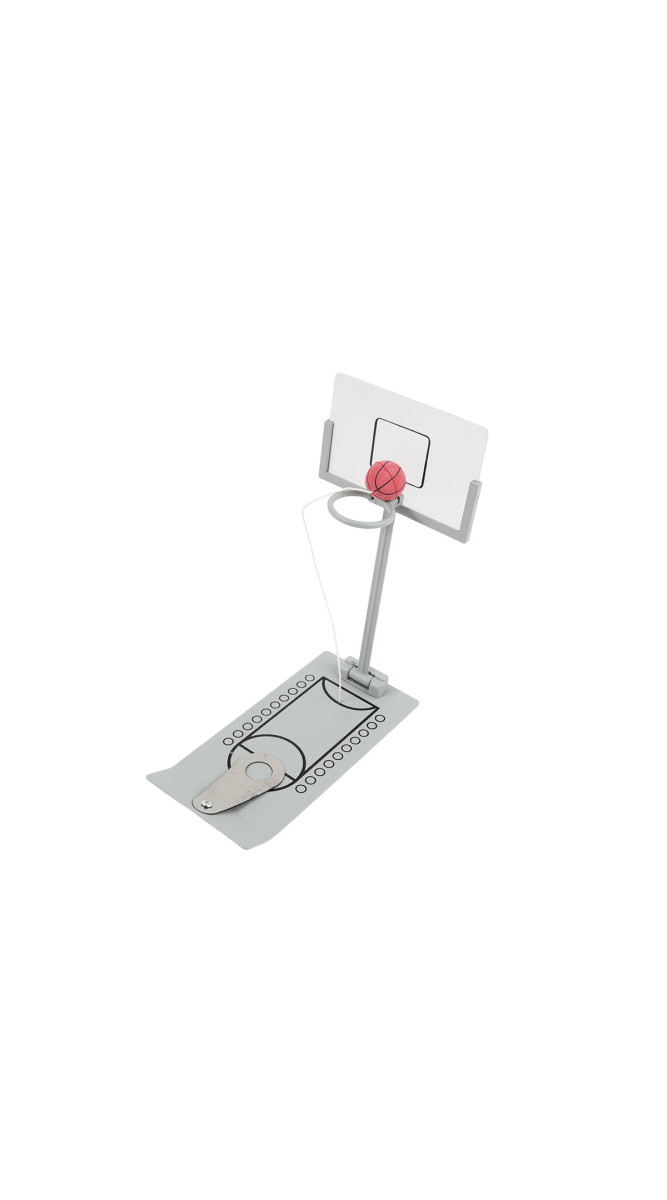 Mini desk basketball game with hoop backboard, stand base, and basketball