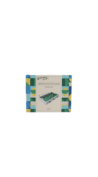 Mini desktop soccer game retail box with blue-and-green pattern and product photo