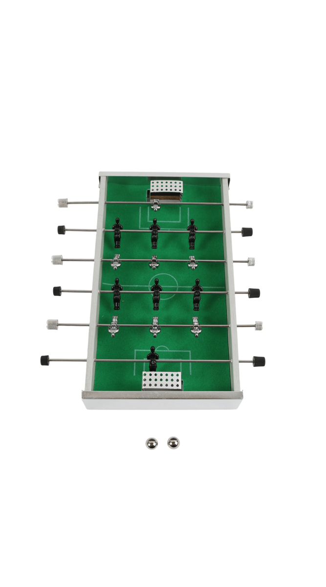 Mini desktop soccer game table front view with green field, black players, side rods