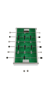 Mini desktop soccer game table front view with green field, black players, side rods