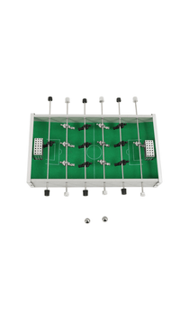 Mini desktop soccer game table with green pitch, central circle, two goal areas, rods