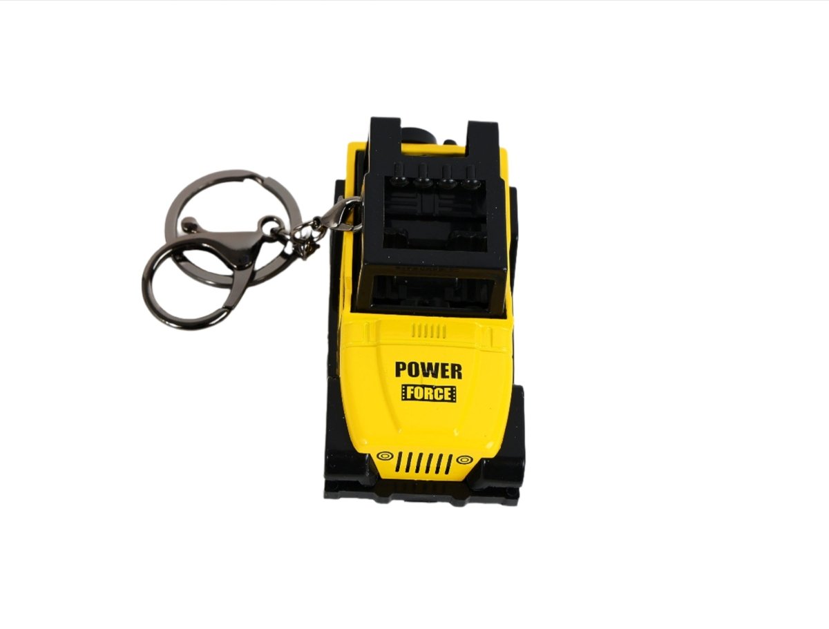 Mini Jeep keychain in yellow with black details and round metal key ring
