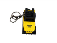 Mini Jeep keychain in yellow with black details and round metal key ring