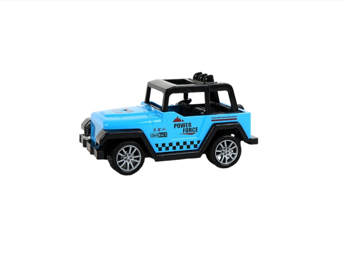 Mini Jeep keychain in bright blue, front view with black bumper and wheels.
