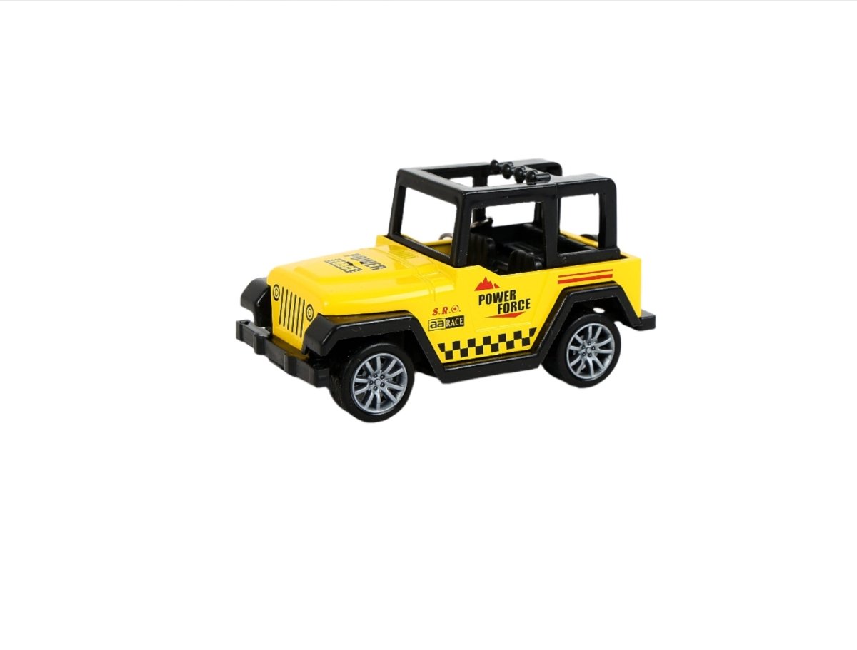 Mini Jeep keychain in yellow, front view with black grille and wheels.