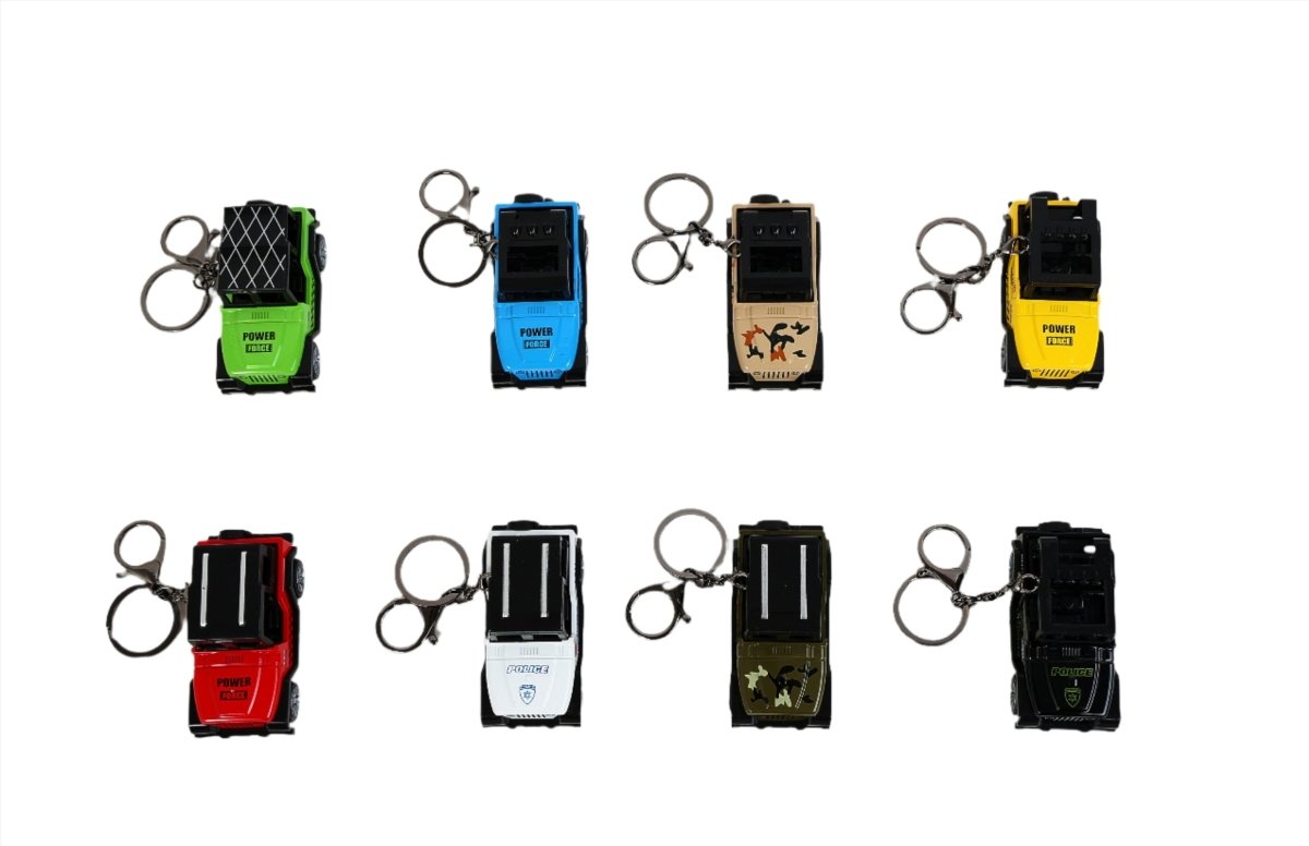Set of mini Jeep keychains in assorted colors, each with metal key ring