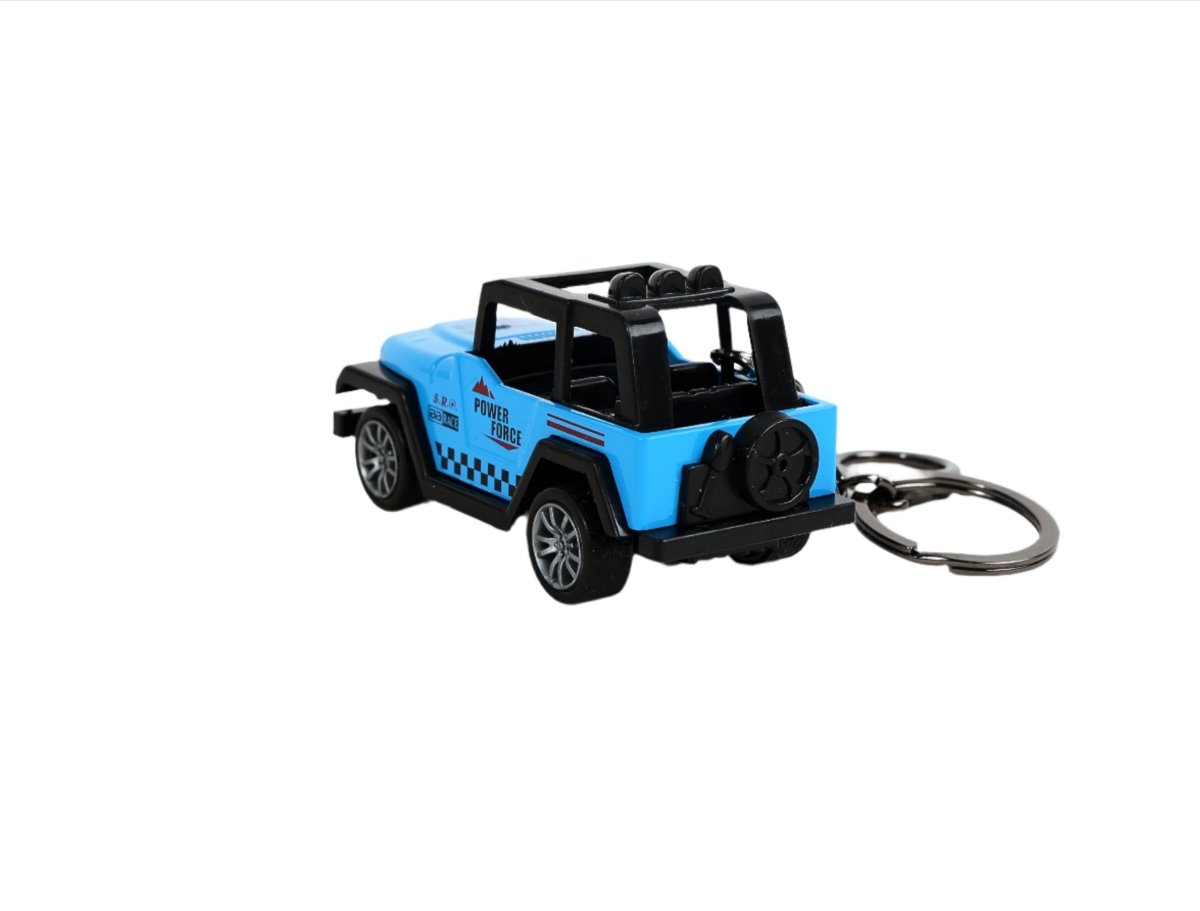 Mini Jeep keychain in blue with key ring, side view with black roof and wheels.
