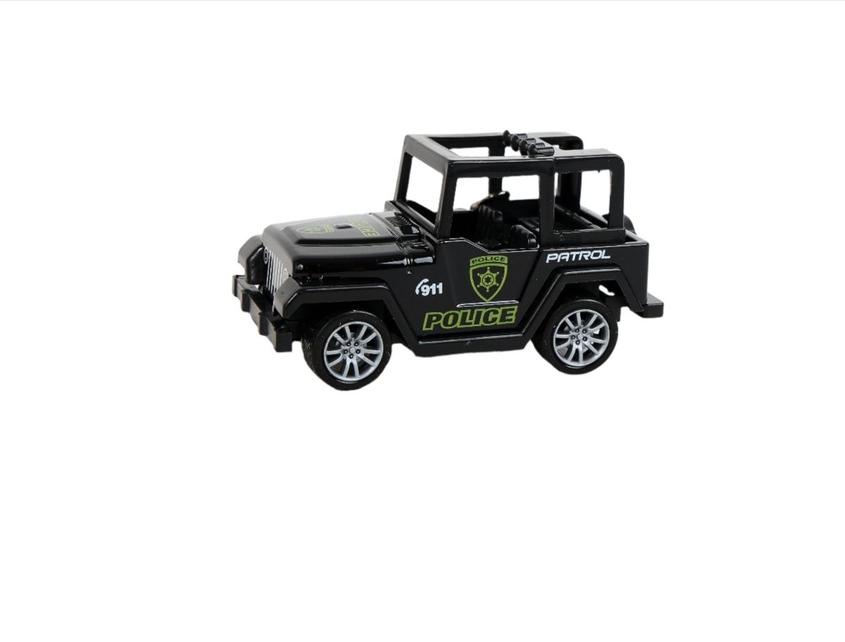 Mini jeep keychain with black police body, green shield and Patrol text, metal keyring