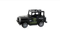 Mini jeep keychain with black police body, green shield and Patrol text, metal keyring