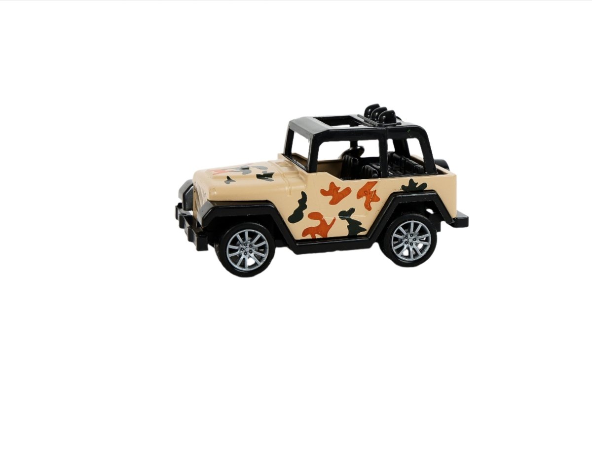 Mini Jeep keychain in beige with red camo patches, side view with black wheels.