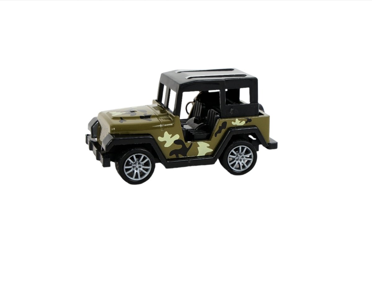 Mini jeep keychain with camo body, light tan panels, and metal keyring