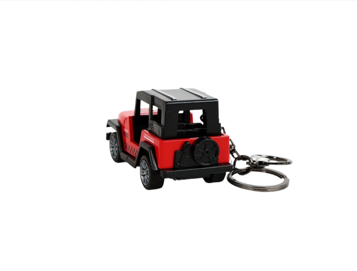 Mini Jeep keychain in red and black with round metal key ring