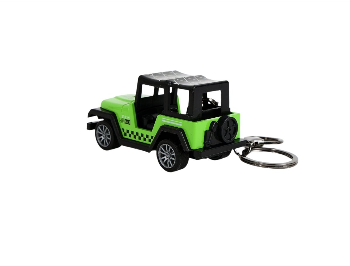 Mini jeep keychain with bright green body, black roof, and metal keyring