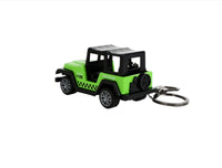 Mini jeep keychain with bright green body, black roof, and metal keyring
