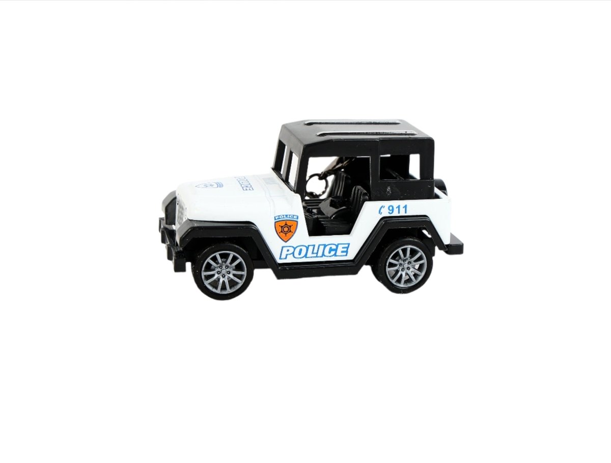Mini jeep keychain with white police body, blue 911 shield logo, and metal keyring