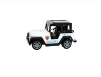 Mini jeep keychain with white police body, blue 911 shield logo, and metal keyring