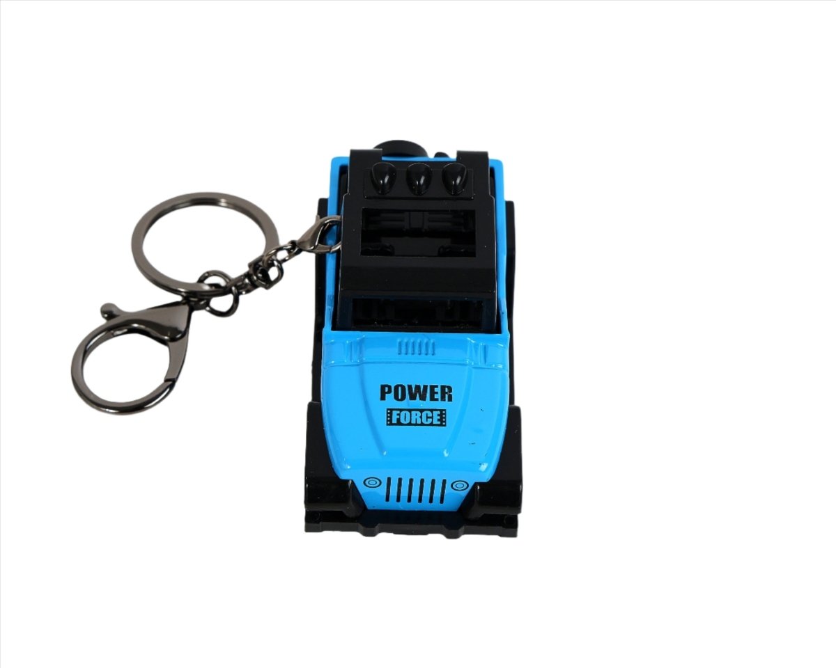 Mini Jeep keychain in bright blue with key ring, front view and molded details.