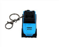 Mini Jeep keychain in bright blue with key ring, front view and molded details.