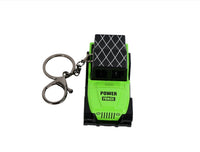 Mini Jeep keychain in neon green with key ring, side and back details shown.