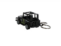 Mini jeep keychain with black police body, green Patrol text, and metal keyring