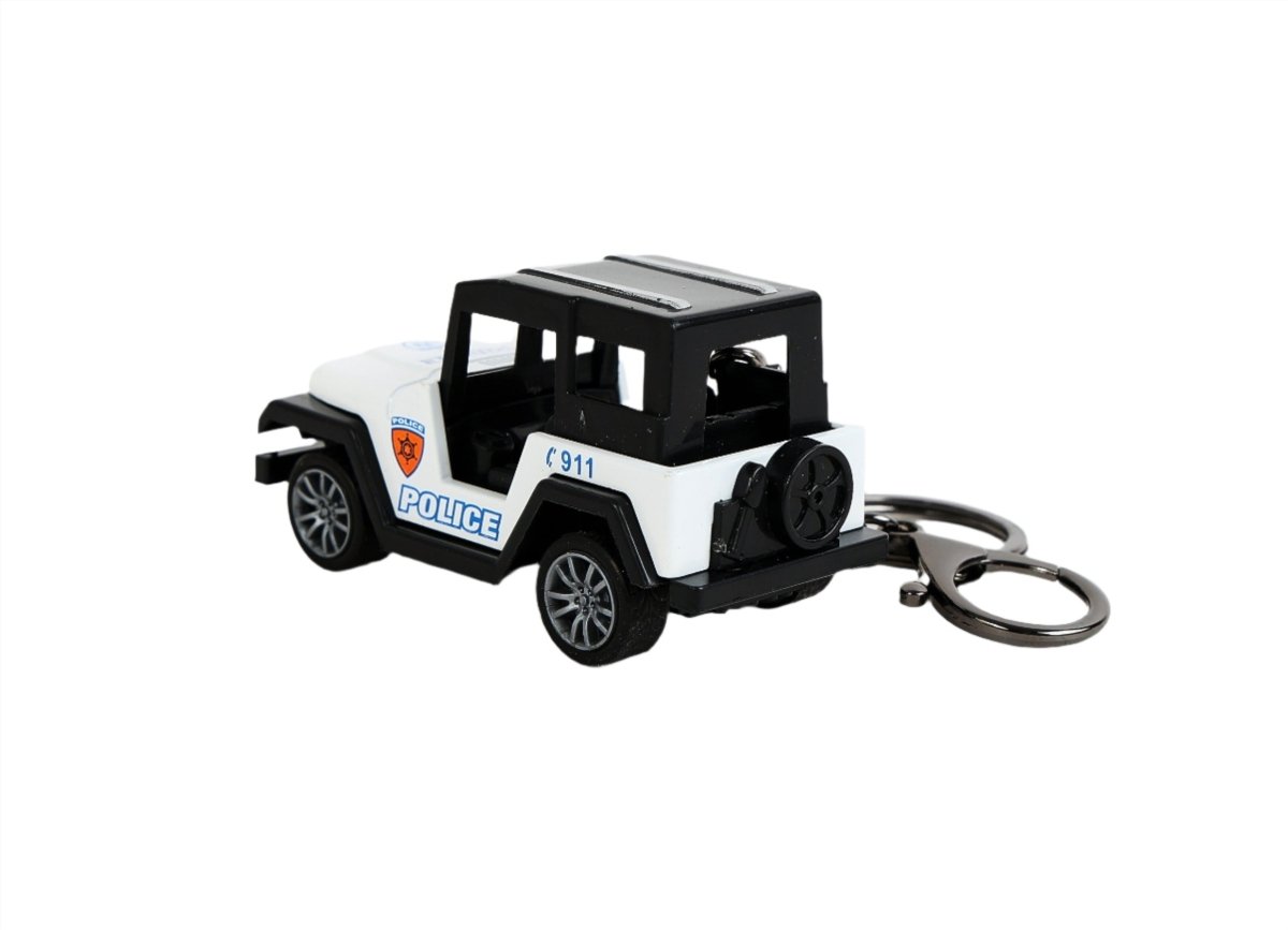 Mini jeep keychain with white police body, black roof, and metal keyring