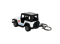 Mini jeep keychain with white police body, black roof, and metal keyring